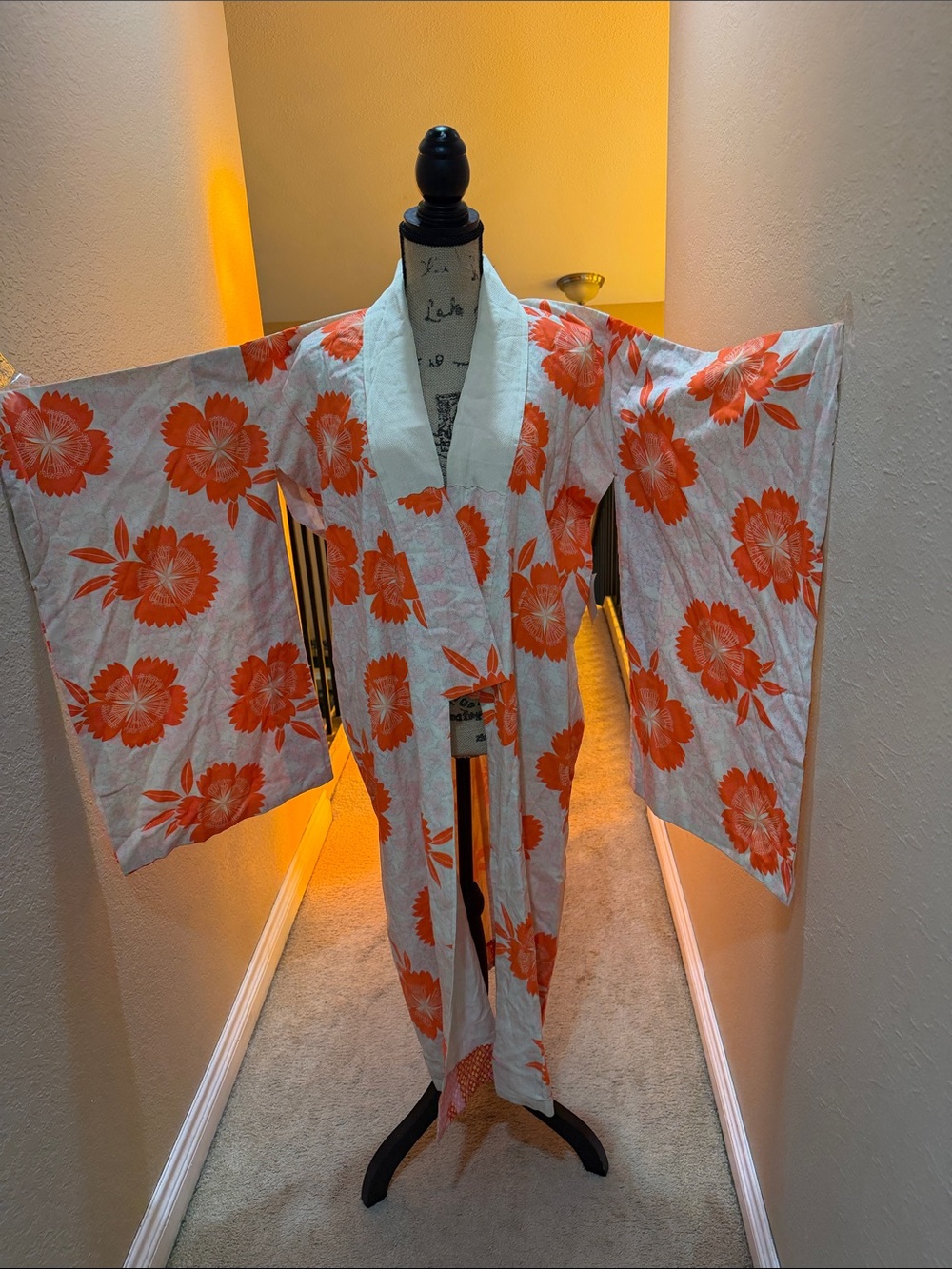 White Cotton Kimono Robe with Orange Floral Print